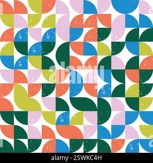 Modern Bauhaus semicircles seamless pattern with grunge textures. Geometric pattern, tile, mosaic background. Stock Vector