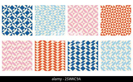 Retro Bauhaus tile collection. Triangle and square seamless pattern set. Geometric tile backgrounds. Stock Vector