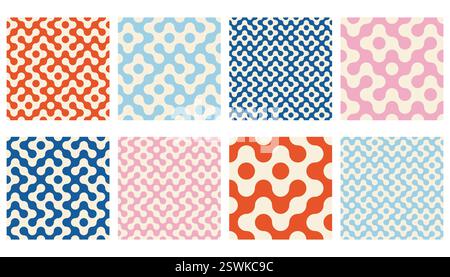 Truchet round shapes seamless pattern collection. Contemporary style geometric mosaic patterns with rounded lines. Modern tilt mosaic background set. Stock Vector