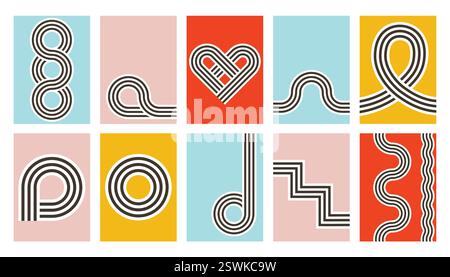 Bauhaus art wall decor. Printable geometric home decor. Nordic Striped Bauhaus geometric shapes retro posters. Stock Vector