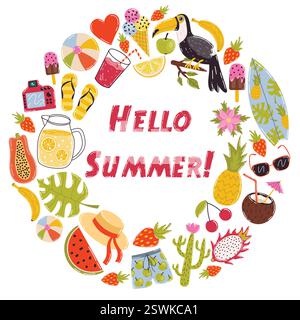 Round Hello Summer frame. Cute summer banner. Wreath tropical fruits, banana, pineapple, flowers, Toukan bird, cactus, beach stuff. Summer greeting ca Stock Vector