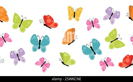 Cute colorful spring or summer butterflies seamless border isolated on white background. Summer flying insects design element. Stock Vector