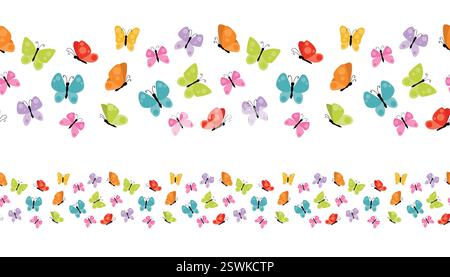 Cute colorful spring or summer butterflies seamless border isolated on white background. Summer flying insects design element. Stock Vector