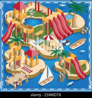 Aquapark. Isometric. Isolated on white background. Vector illustration. Stock Vector
