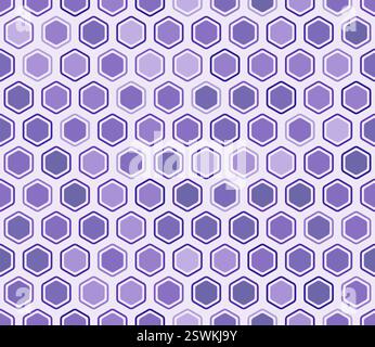 Abstract pattern of hexagon shapes. Bold rounded hexagons mosaic cells with padding and inner solid cells. Purple color tones. Hexagonal shapes. Stock Vector