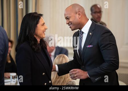 Washington, United States. 21st Feb, 2025. Director of National Intelligence Tulsi Gabbard and Maryland Gov. Wes Moore are seen before President Donald Trump delivered remarks during a governors working session in the State Dining Room at the White House Feb. 21, 2025. (Francis Chung/POLITICO) Credit: Abaca Press/Alamy Live News Stock Photo
