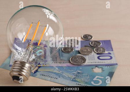 LED light bulb with canadian dollars paper money and coins, energy saving concept Stock Photo