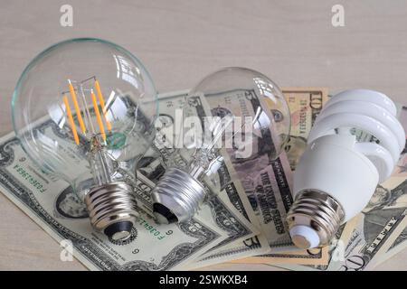 Three types of light bulbs on top of american dollars paper money, energy saving choice concept Stock Photo