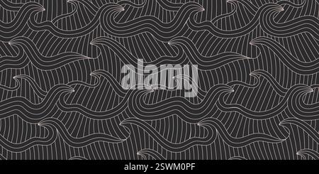 Hand drawn linear dark waves, sea, water seamless pattern. Simple modern line ocean on black background. Stock Vector