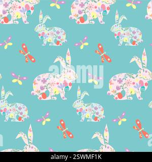 Seamless pattern of Easter bunny, decoupage style, hand drawn flat design, Happy Easter flowers, eggs and butterflies texture, pastel colors Wallpaper Stock Vector