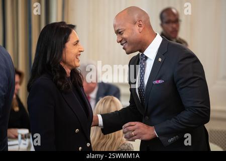 Washington, United States. 21st Feb, 2025. Director of National Intelligence Tulsi Gabbard and Maryland Gov. Wes Moore are seen before President Donald Trump delivered remarks during a governors working session in the State Dining Room at the White House Feb. 21, 2025. (Francis Chung/POLITICO) Credit: Sipa USA/Alamy Live News Stock Photo