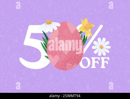 Happy Easter Sale banner. Easter Sale 50 off banner template with retro Easter Eggs and spring flower. Vector illustration element. Stock Vector