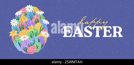 Happy easter card with eggs. Many beautiful flat multi-colored flat eggs with spring flowers and grass are laid out in the shape of a large egg. Vecto Stock Vector