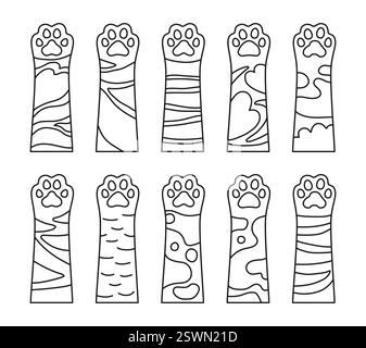 Cats paws cartoon doodle set. Different cat kitten palm up, cute furry hands. Art design for pet store in flat style. Collection textured, patterned pets feet various fur. Vector linear Illustration Stock Vector