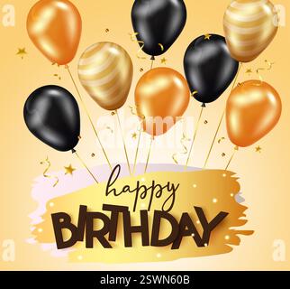 Birthday greeting vector design. Happy birthday text in brush stroke with balloon bunch in gold and black colors for golden birth day decoration Stock Vector