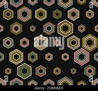 Tileable hexagon background. Multicolored geometric elements of varied size. Stacked hexagon bold mosaic cell. Large honeycomb cells. Stock Vector