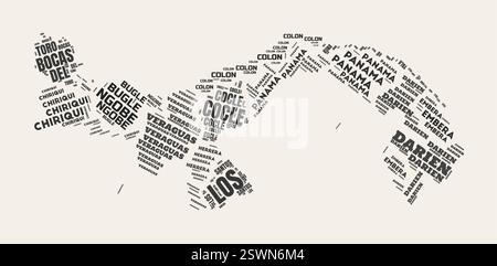 Panama Word Cloud. Country with regions division. Panama typographic text clouds vector image design. Vintage gazette style country shape image. Stock Vector