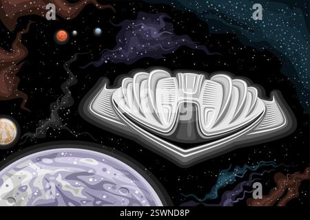 Vector card with research Space Ship, astronomical horizontal poster with cartoon design grey strange space ship, flying in deep space, interstellar c Stock Vector