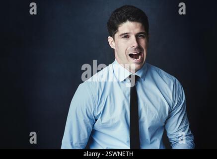 Portrait, business man or tooth cavity, gum disease or poor dental hygiene on dark studio background. Person, toothache or open mouth for jaw pain Stock Photo
