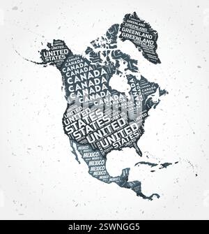 North America countries word clouds. Continent shape on textured background. North America design in typographic style. Amazing vector illustration. Stock Vector