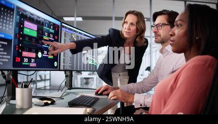 Multiracial Business Team Using Kanban Task Board in Agile Office Stock Photo