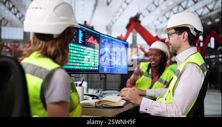 Technician uses computer to monitor production line at car plant. Stock Photo