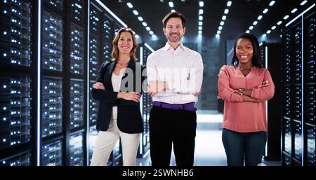 Diverse team of engineers collaborating on big data center solutions. Stock Photo