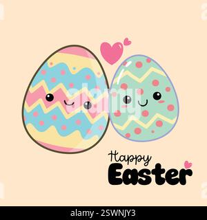Kawaii Happy Easter Eggs – Cute Pastel Cartoon Illustration with Love Hearts Stock Vector