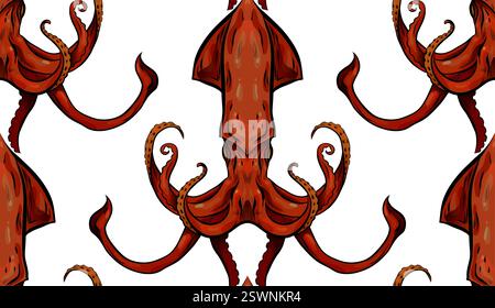 Vector seamless pattern with red squids on a white background. Texture with cartoon sea inhabitants with tentacles for wallpapers and fabrics. Stock Vector