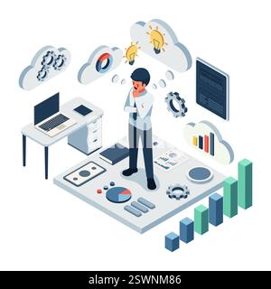 Isometric Entrepreneur Analyzing Business Strategies and Financial Data. Entrepreneur Mindset Concept Stock Vector
