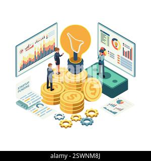 Isometric Startup Funding and Financial Planning with Business People. Startup Funding and Venture Capital Funding Concept Stock Vector
