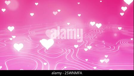 Image of white heart over glowing light spots and lines on pink background Stock Photo