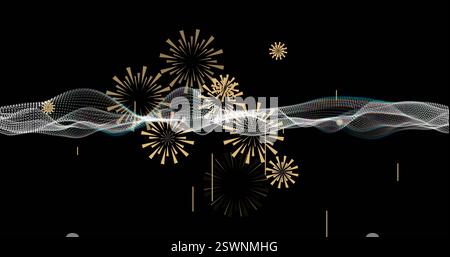 Image of fireworks and glowing neon mesh moving over black background Stock Photo