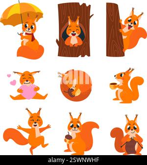 Cartoon squirrel. Red funny squirrels in different poses. Wild forest and park animal sleep, jump, holding heart, sitting on tree and in hollow Stock Vector