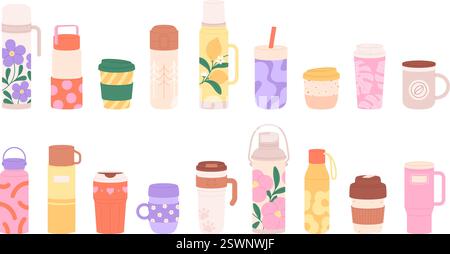 Travel thermo mugs. Thermos, reusable cups, tumblers for hot drinks. Touristic camping equipment for coffee tea and beverages, hiking tumbler racy Stock Vector