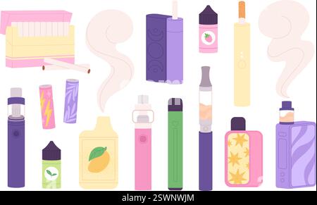 Vaping set. E-cigarettes, bottles with special liquid for smoking, vapes. Different accessories, bad habit and addiction. Electronic cigarette, racy Stock Vector