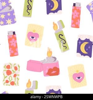 Lighters seamless pattern. Plastic metal lighter with stylish decorative prints. Smoker accessories, fabric wallpaper wrapping template, racy vector Stock Vector
