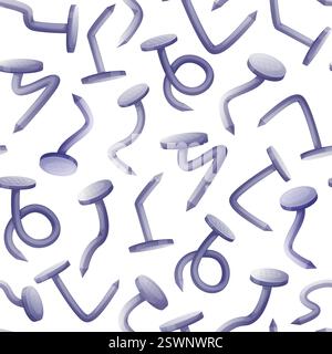 Steel nails seamless pattern. Curved nail stainless various forms, repair connecting carpenter tools. Print design for webpage, fabric, wallpaper Stock Vector