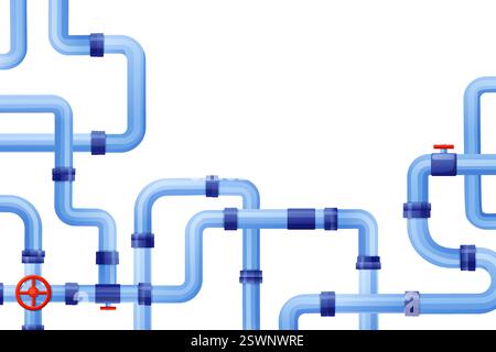 Pipeline system background. Industrial pipes with valves for water gas fuel oil. Isolated cartoon plastic or metal pipelines, nowaday vector poster Stock Vector