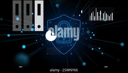 Image of data processing and media icons over digital padlock Stock Photo