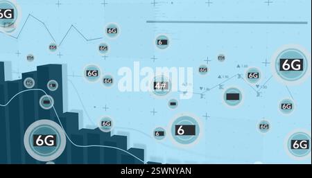 Image of 5g and 6g text, digital data processing over statistics Stock Photo