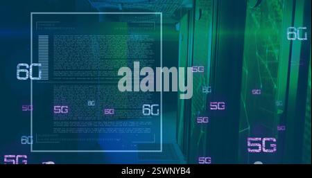 Image of 5g and 6g text, digital data processing over computer servers Stock Photo