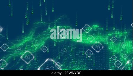 Image of 5g and 6g text, digital data processing over binary coding Stock Photo