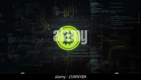 Bitcoin symbol with circuit board and binary code image Stock Photo
