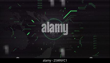 Bug icon and binary code image over digital world map background Stock Photo