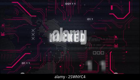 Hacked text over digital world map and binary code image Stock Photo