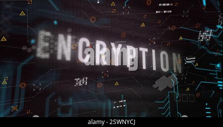 Image of network of connections over encryption text Stock Photo