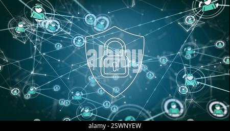 Image of padlock and shield over network of connections with icons Stock Photo