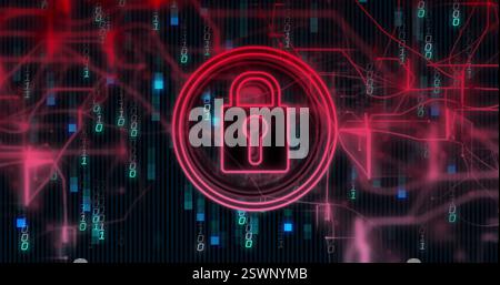 Lock icon and binary code, cybersecurity image over digital background Stock Photo