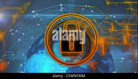 Lock and key security image over digital network and globe Stock Photo